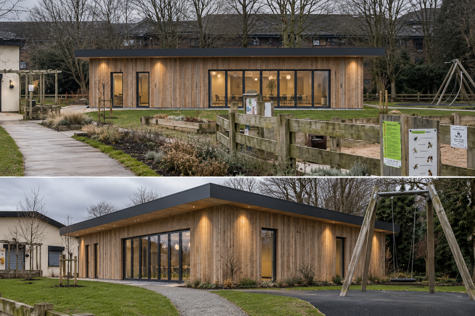 Park View Community Pavilion — contemporary community building designed by Chartered Architect Joel Firth, featuring natural timber cladding, generous glazing and landscaped public spaces. The design provides a welcoming, flexible setting for communi