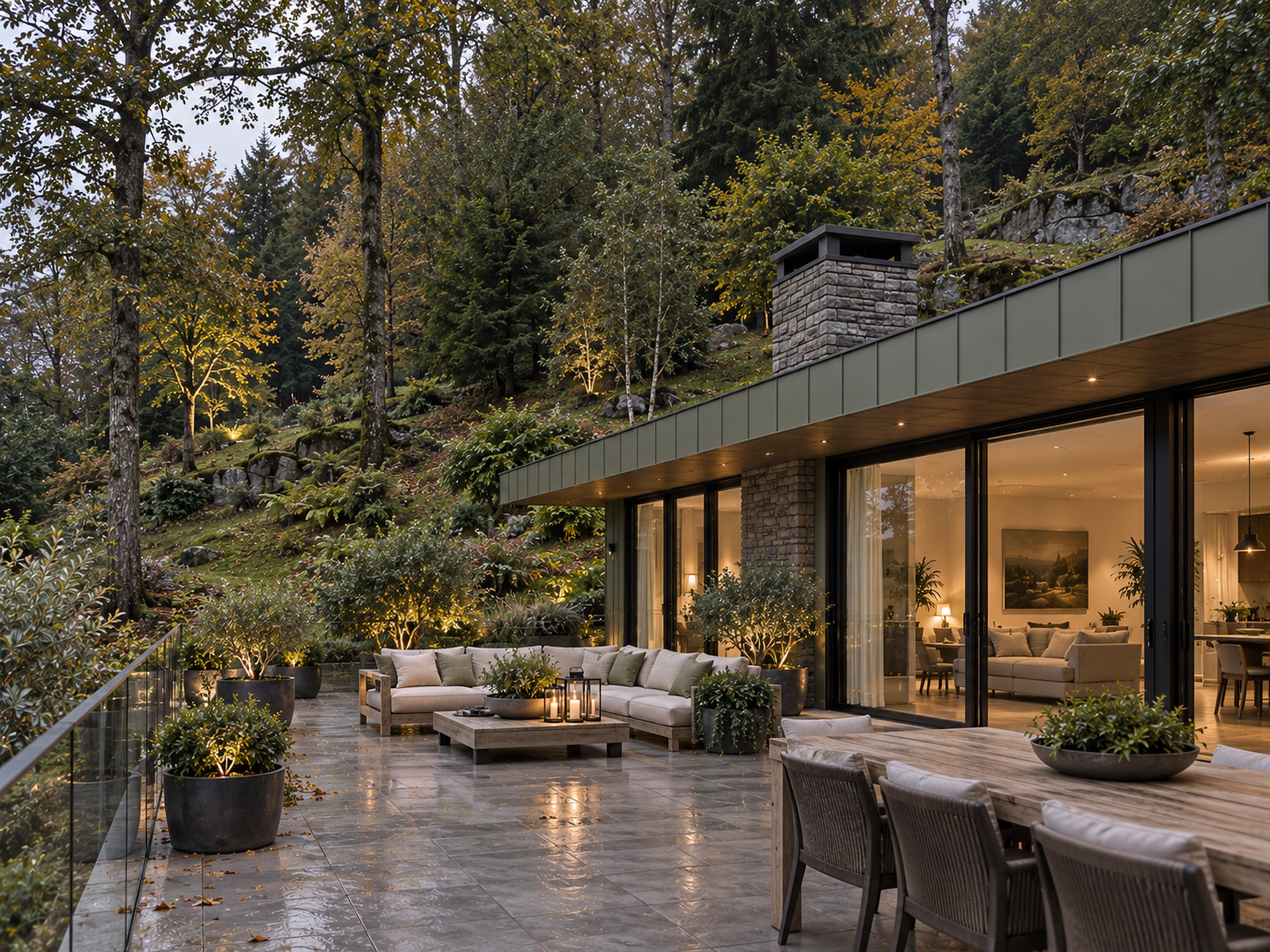 Keldwyth Drive, Windermere — landscaped woodland terrace with outdoor dining, contemporary glazing and seamless connections between indoor and outdoor living spaces.