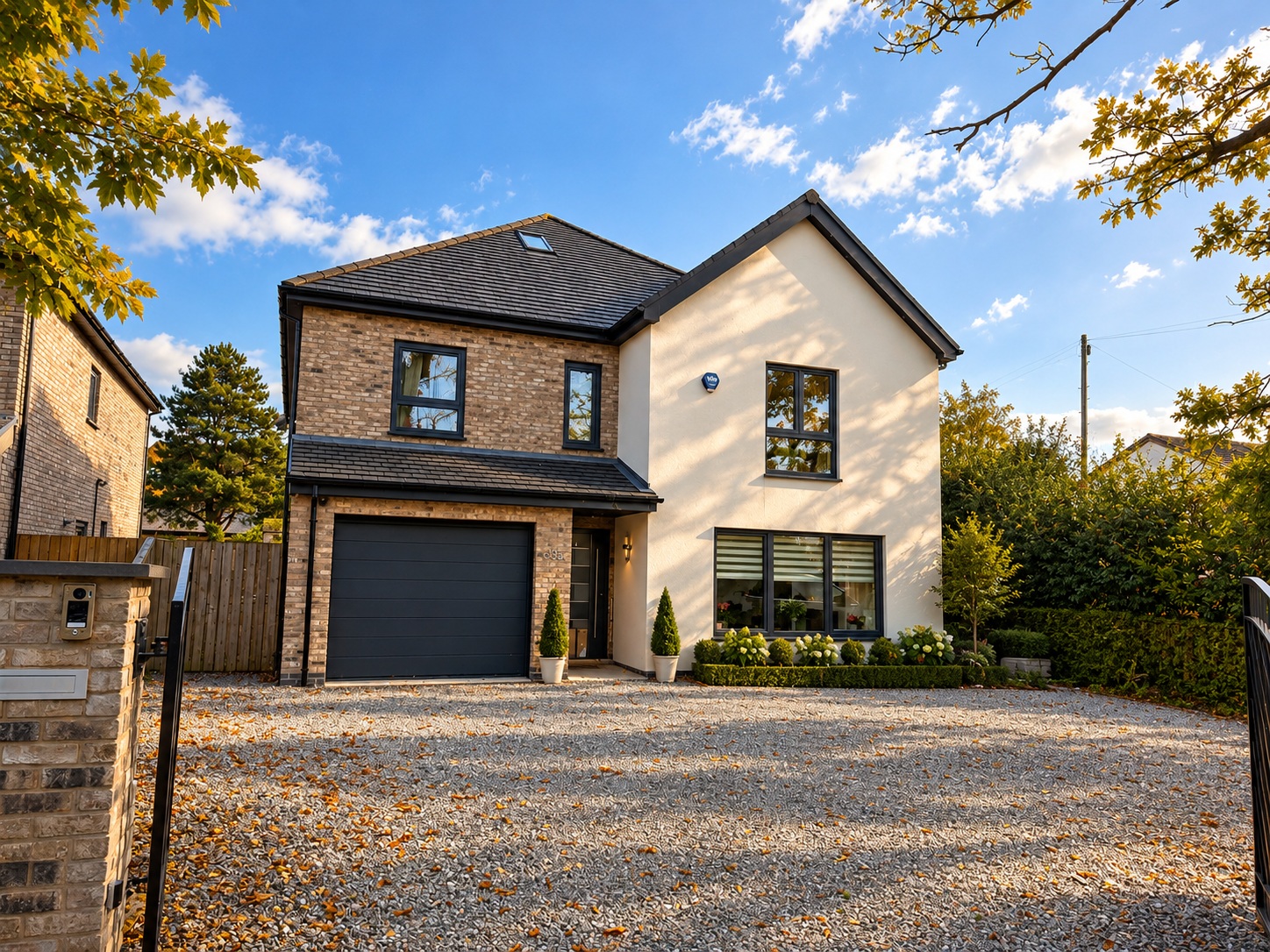 Architectural elevation of the two new-build eco homes at Ribby Road, Wrea Green, Lancashire, designed by Joel Firth with a focus on sustainable construction, energy efficiency and traditional residential character.