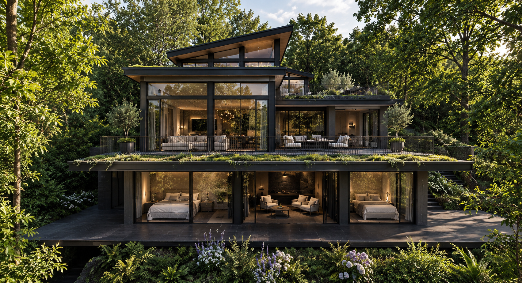 Lakeside Corporate Retreat, Windermere — The three-level design features expansive floor-to-ceiling glazing, panoramic living spaces, private bedroom suites and generous terraces.