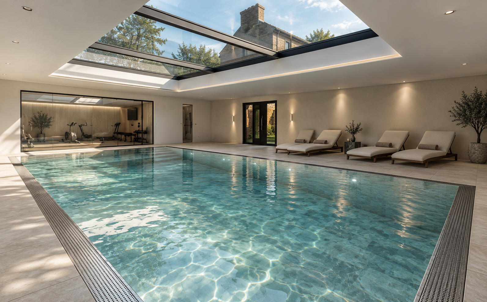 Fir Tree Barn, Ballam Road, Lytham — Indoor Swimming Pool and Gym — architectural visualisation of the proposed private leisure suite, featuring an indoor swimming pool, adjoining gym and relaxation areas. An expansive glazed roof floods the space wi