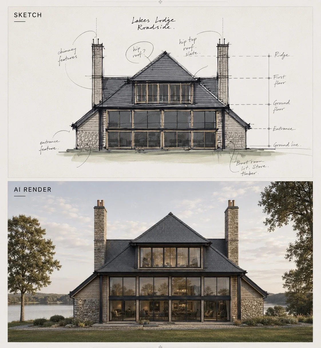 Architectural sketch and rendered photo of lakeside house with large windows, stone chimney features, gabled roof, and labeled building sections.Lancashire architect, Cumbria architect, award winning design, natural stone, high ceiling, lake views, J