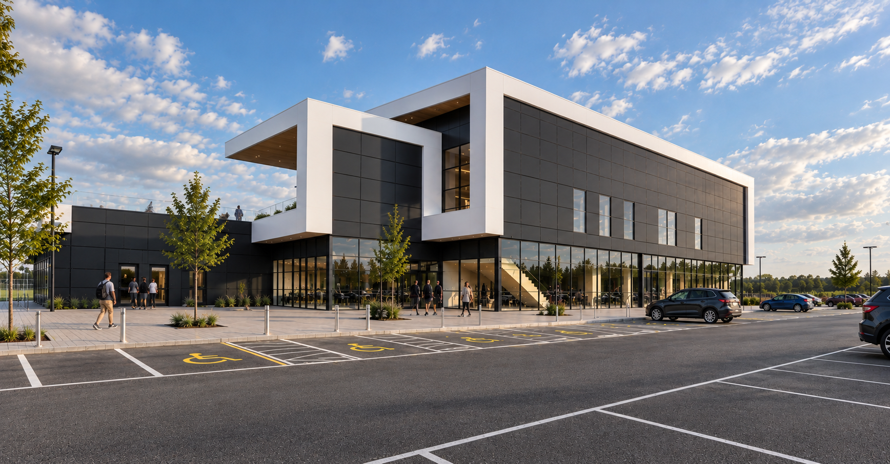 Football Stadium and Community Sports Facility — contemporary architectural concept by Chartered Architect Joel Firth. The design features a striking two-storey building with bold cantilevered, under lit roof forms. 