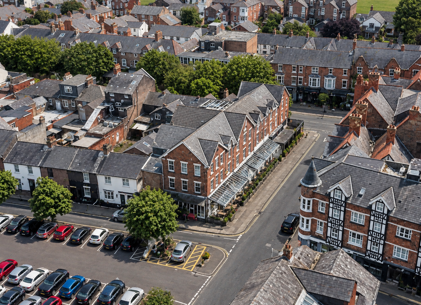 EGO Restaurant, Pleasant Street, Lytham St Annes — Aerial View of New-Build Development — aerial photograph of the mixed-use development on Pleasant Street, incorporating a restaurant at ground-floor level with residential apartments above. Tradition