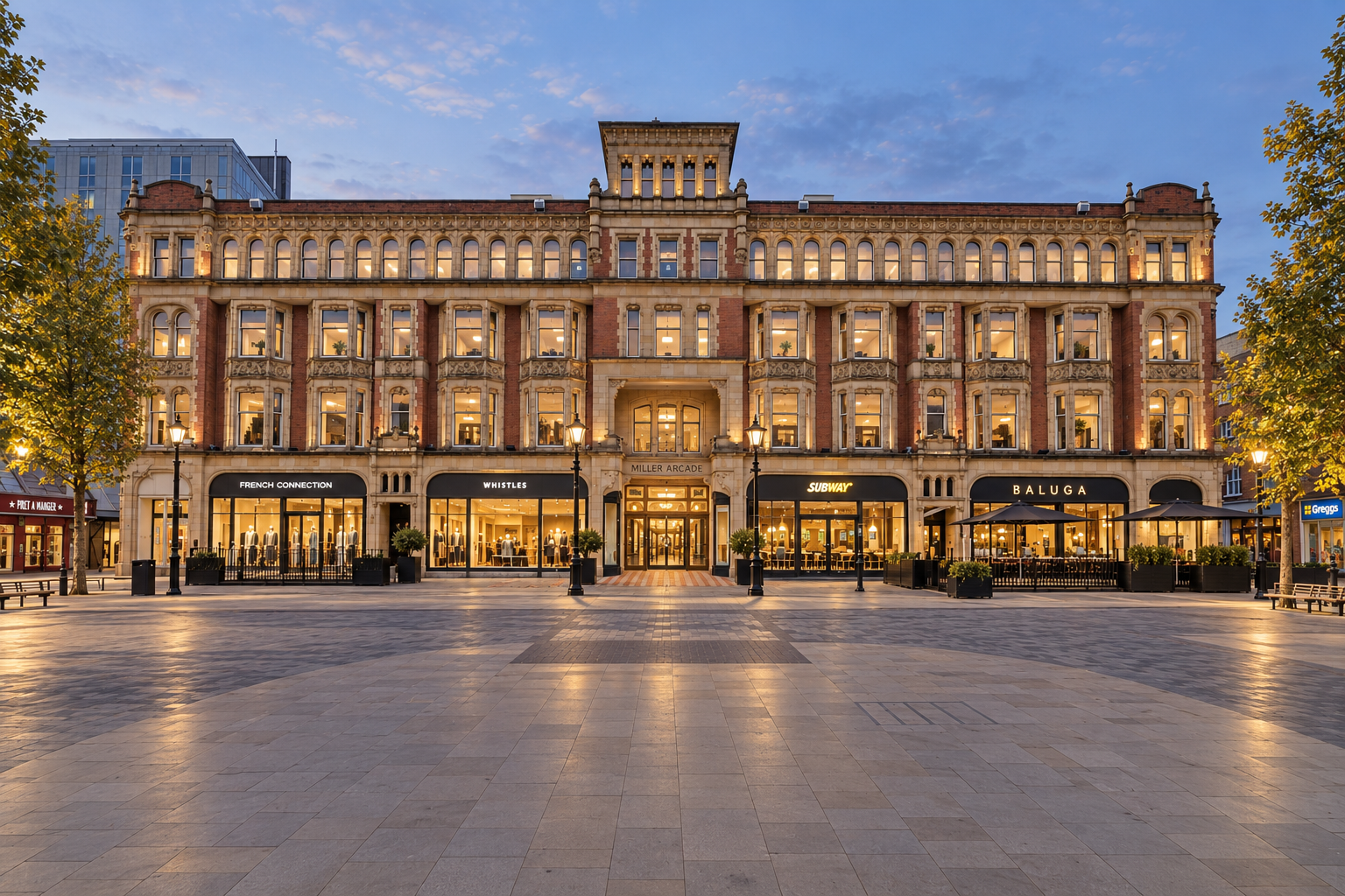 Miller Arcade, Preston, Lancashire — architectural illustration of Joel Firth’s 2005 regeneration proposal, showing the restored Victorian frontage.