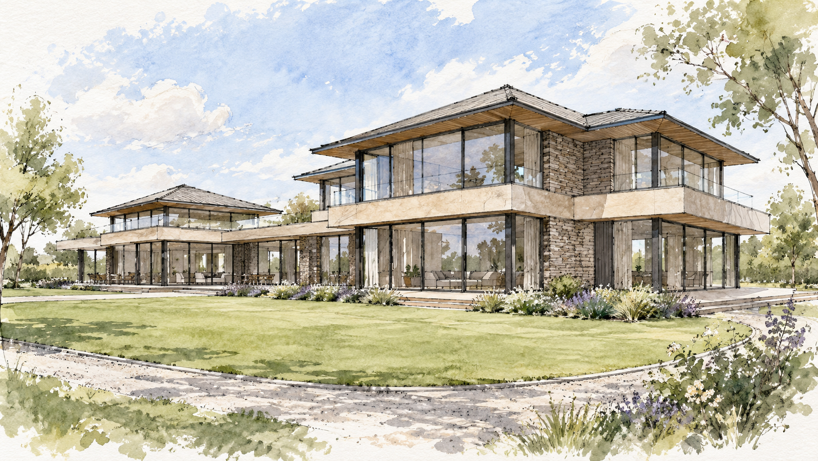 Concept sketch perspective of Bankfield, Poolfoot Lane, Singleton, Lancashire, a bespoke new-build country house designed by Chartered Architect Joel Firth. The drawing illustrates the contemporary architectural concept with low horizontal roof forms