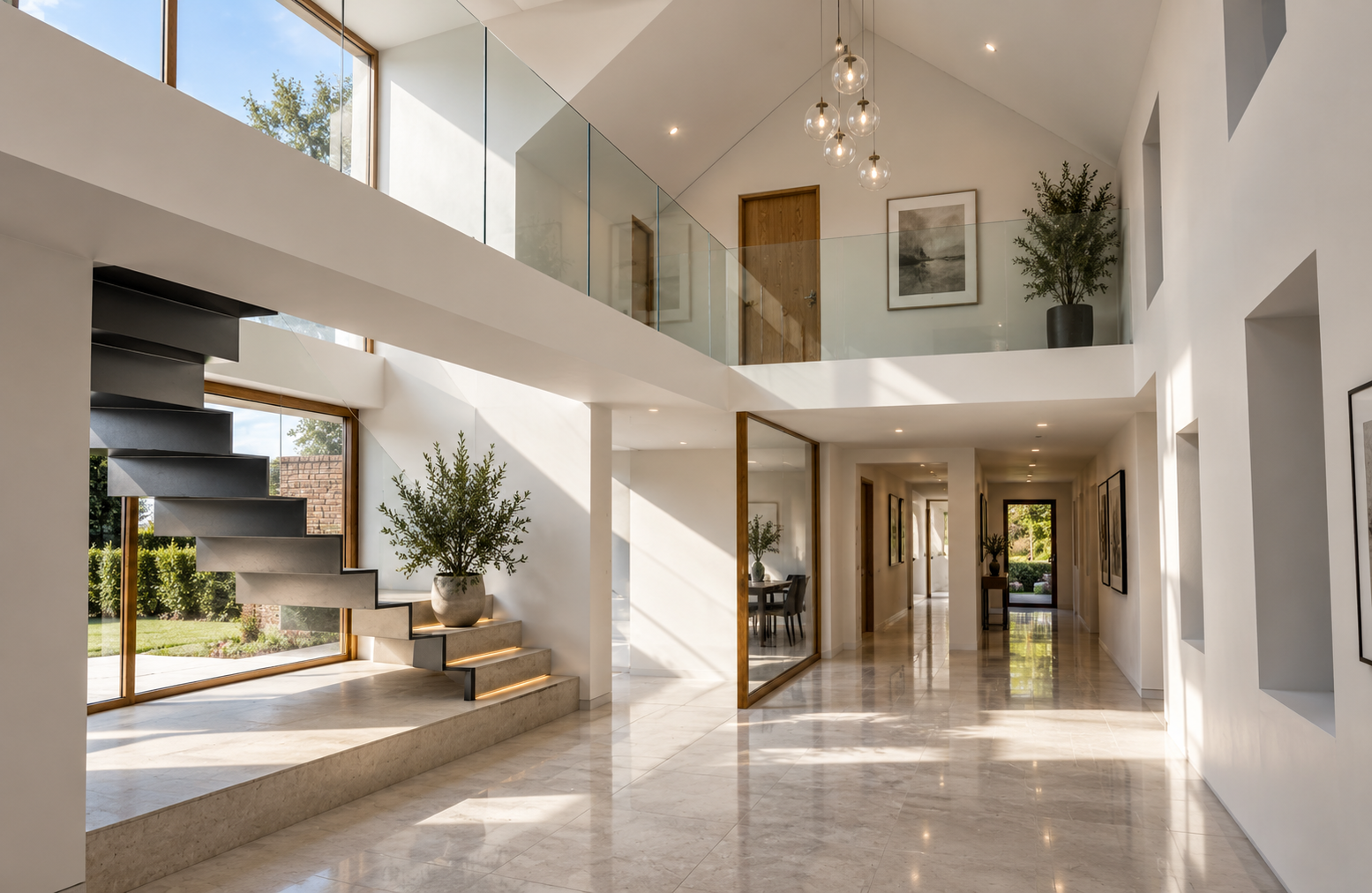 Contemporary annexe interior featuring a double-height entrance hall, sculptural floating staircase, glazed mezzanine gallery and natural stone flooring.