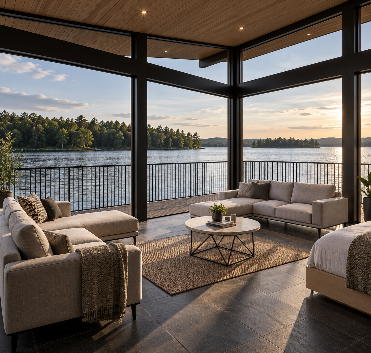 Waterside Wood — luxury sunset lounge featuring floor-to-ceiling glazing, contemporary seating, timber ceiling detailing and panoramic lake views, creating a seamless connection between interior and landscape.