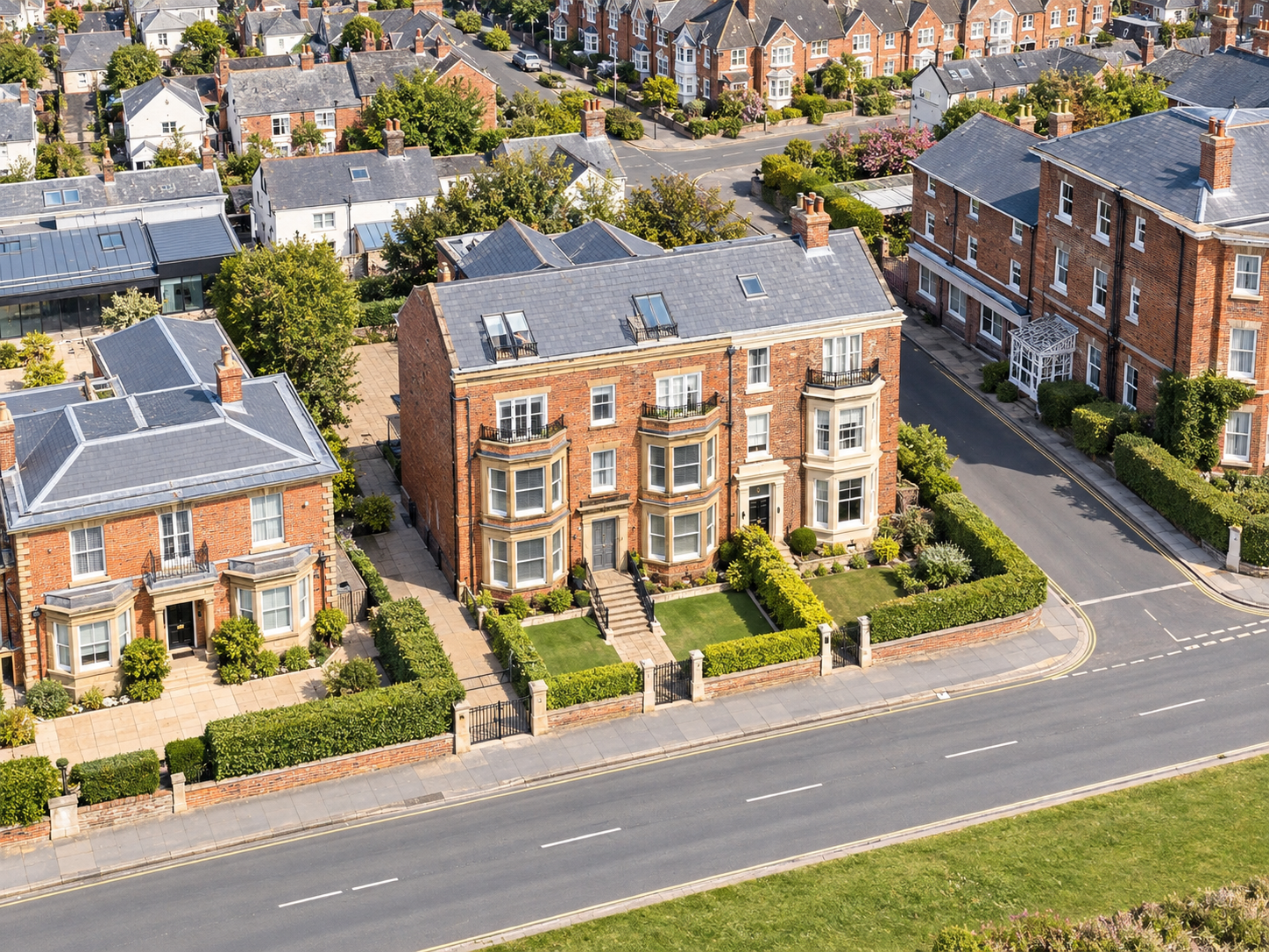 6 West Beach, Lytham, Lancashire — aerial view showing the property’s prominent seafront location beside Ivy House, overlooking Lytham Green and the Ribble Estuary, within an established setting of historic Victorian residences.