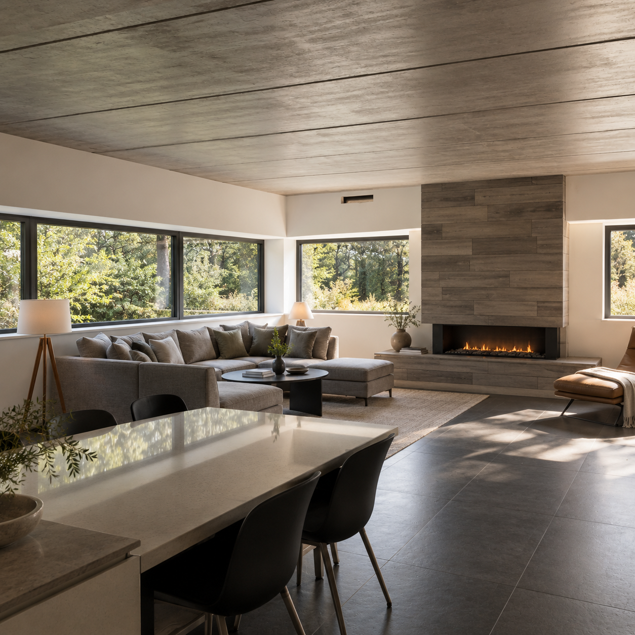 The Old Sawmill, Blackpool Road, Lytham St Annes — contemporary interior renovation of the former home of Joel Firth, featuring an open-plan lounge and dining area, bespoke timber ceiling, natural stone fireplace, expansive glazing and refined modern