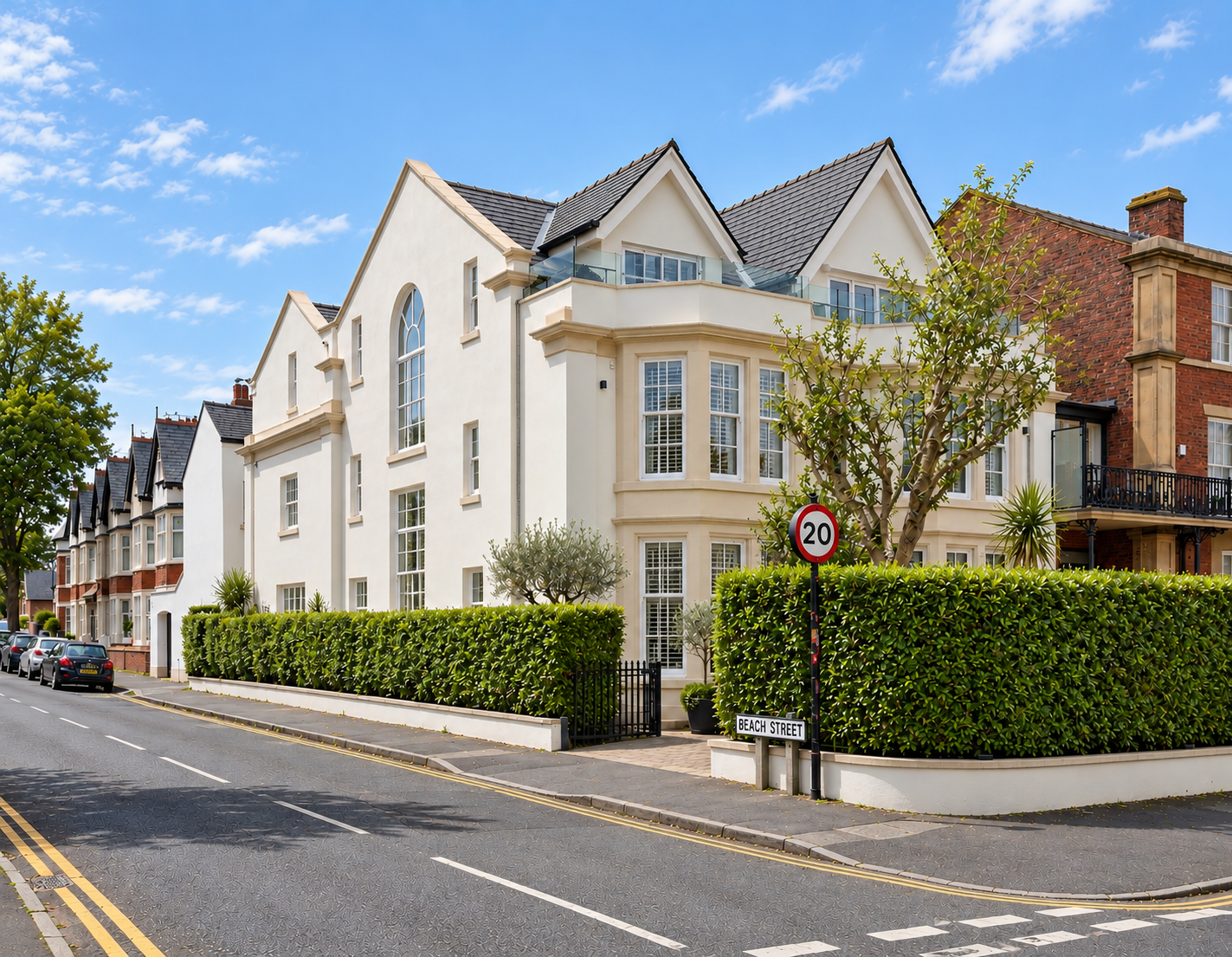 Corner Elevation — 10 West Beach , Lytham, Lancashire. Elegant corner elevation featuring traditional gables, projecting bay windows and a dramatic full-height staircase window to the west, introducing natural light into the heart of the home.
