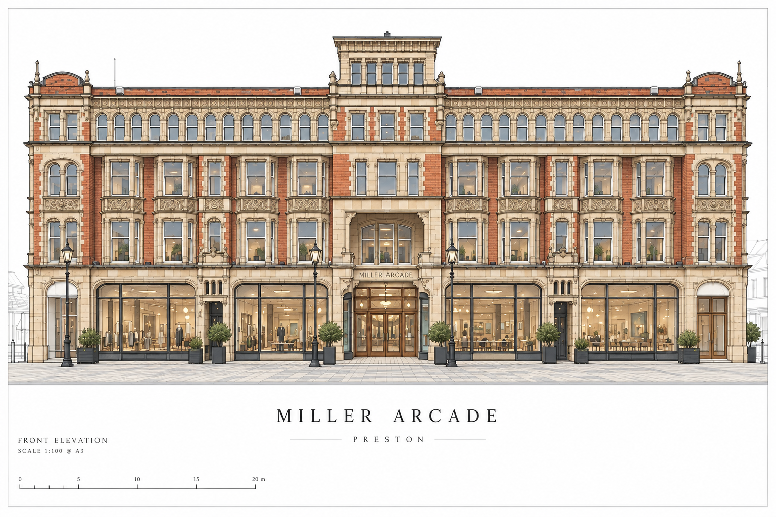 Architectural proposals for Miller Arcade, Preston, developed by Joel Firth in 2005 as part of the planning permission and listed building consent applications for the Grade II listed Victorian commercial building.