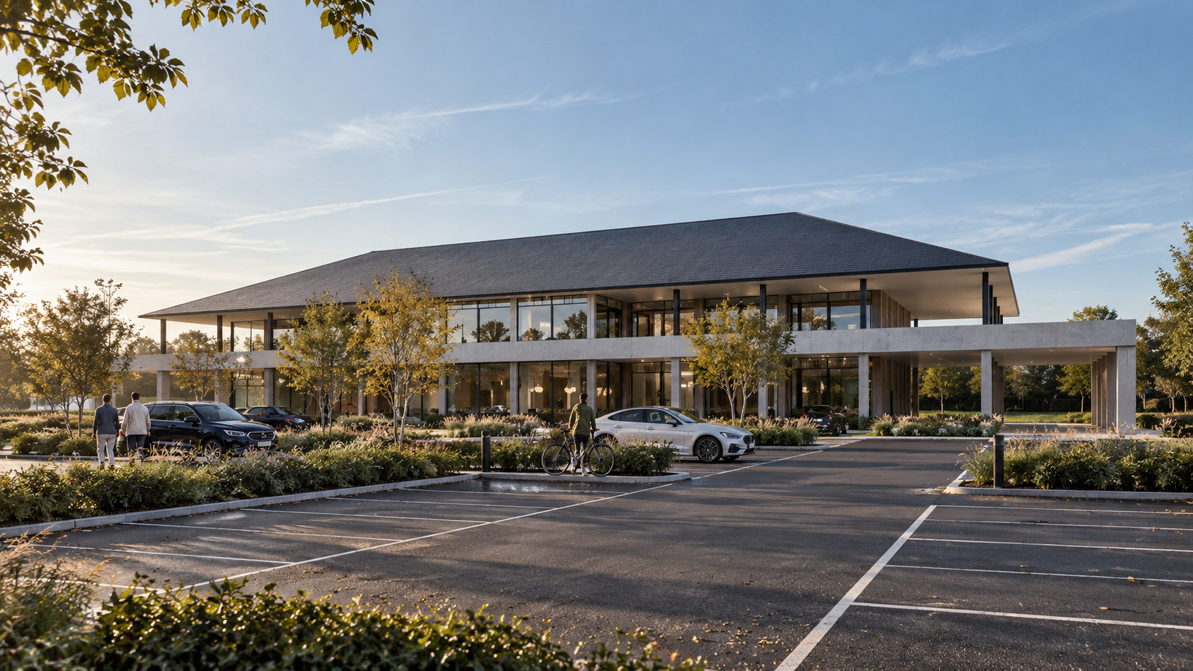 contemporary linear building:
Architectural concept for a circa £30 million spa hotel and leisure centre in Lancashire, designed by Chartered Architect Joel Firth. The contemporary elevation combines extensive glazing, vertical façade detailing and l