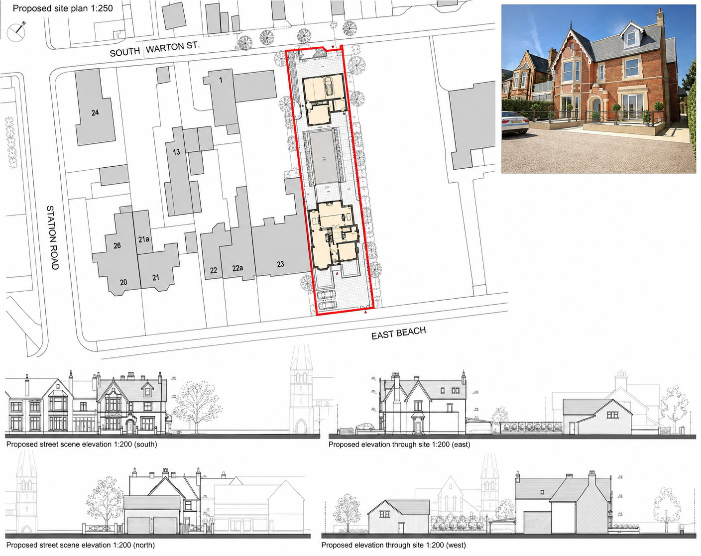 24 East Beach, Lytham, Lancashire — Planning Drawings — Architectural site plan and proposed elevations showing the renovation and conversion of two apartments into a single family home, including a new detached garage and associated site alterations