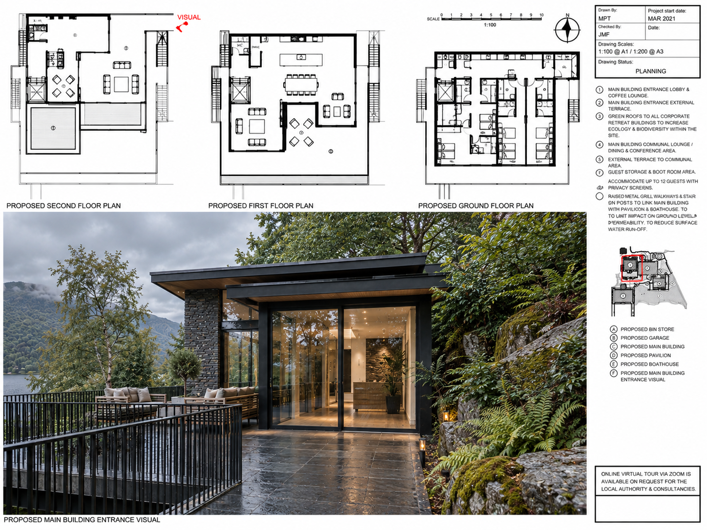 Lakeside Corporate Retreat, Windermere — Main Entrance Design — planning-approved architectural scheme illustrating the contemporary main entrance, featuring full-height glazing, natural stone walls and a sheltered entrance terrace. Carefully integra