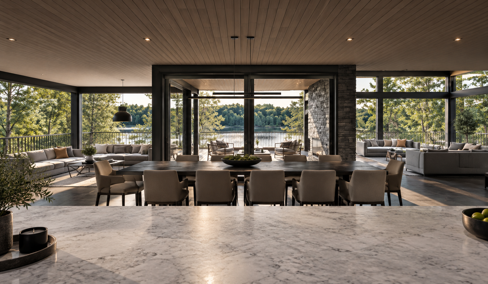 Lakeside Corporate Retreat, Windermere — Main Building Communal Living and Dining Areas — interior visualisation of the planning-approved corporate retreat, featuring expansive open-plan dining and lounge areas with panoramic views across Lake Winder