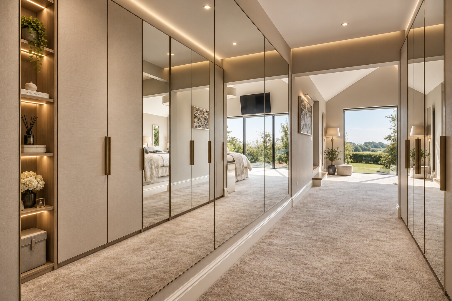 Dressing Room — Bespoke walk-in dressing room with full-height mirrored wardrobes, integrated storage and soft architectural lighting.