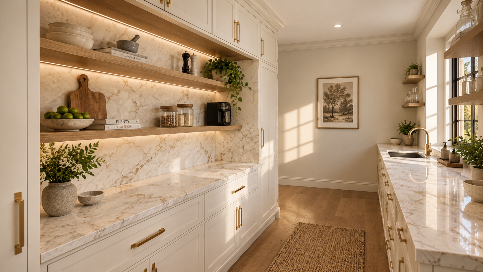Silver Birches, Islay Road, Lytham — luxury pantry design featuring bespoke cabinetry, marble worktops, illuminated open shelving and traditional detailing.
