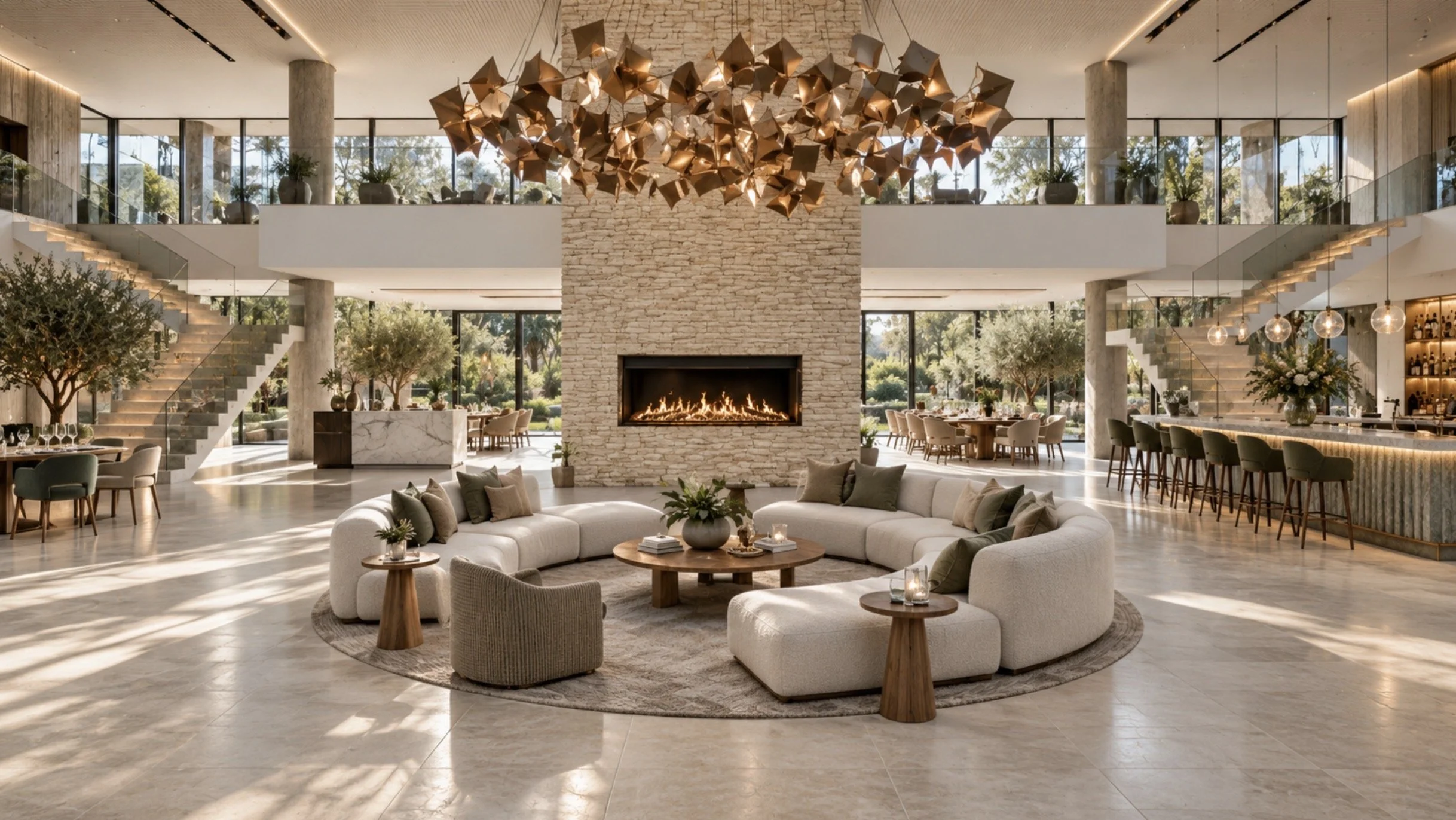 Luxury hotel lobby and reception lounge featuring a dramatic double-height atrium, mezzanine restaurant, twin feature staircases, sculptural chandelier and contemporary hospitality interior design.