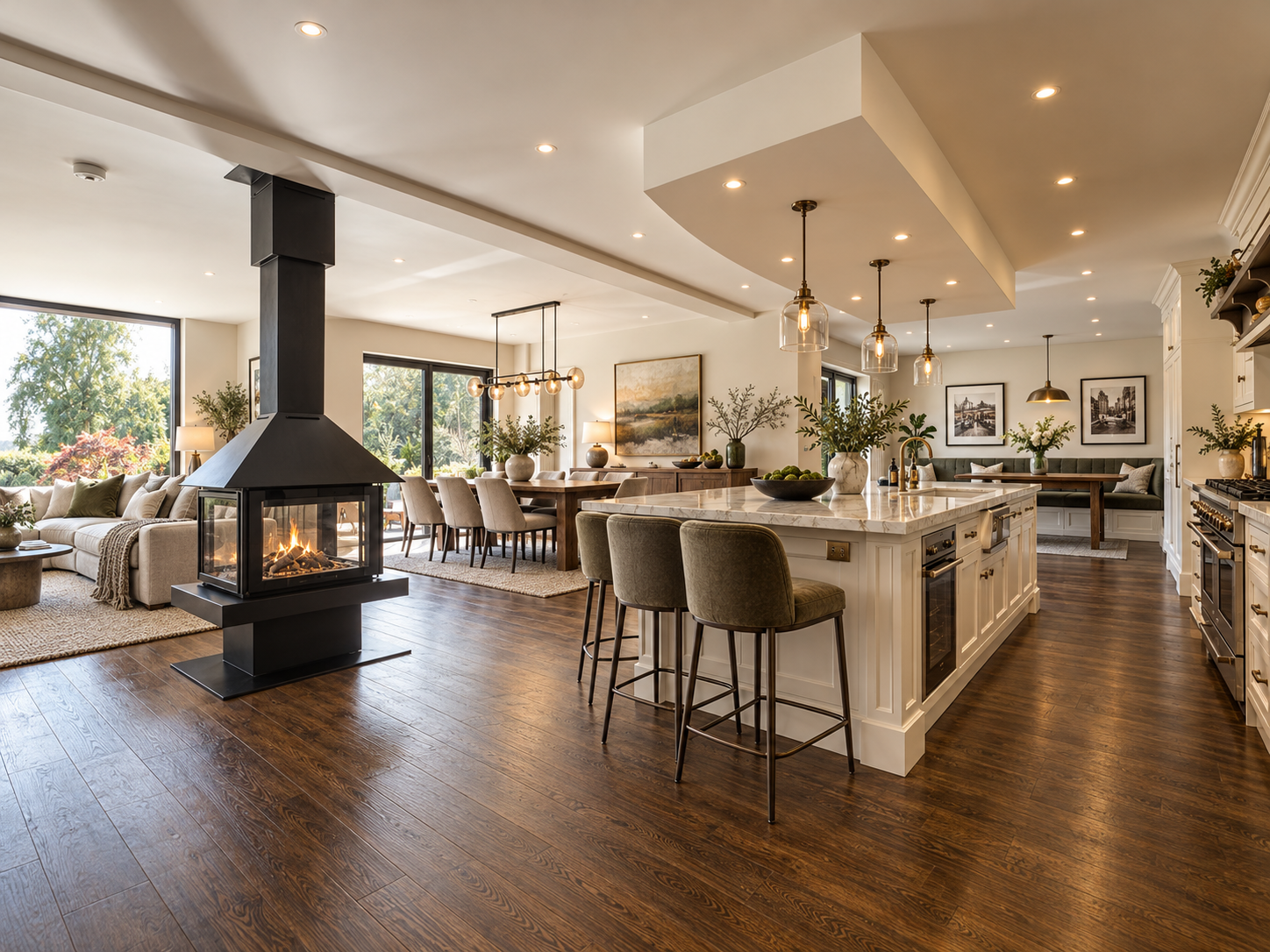     Open-Plan Living — Expansive kitchen, dining and family living space with a central feature fireplace and seamless garden connections.