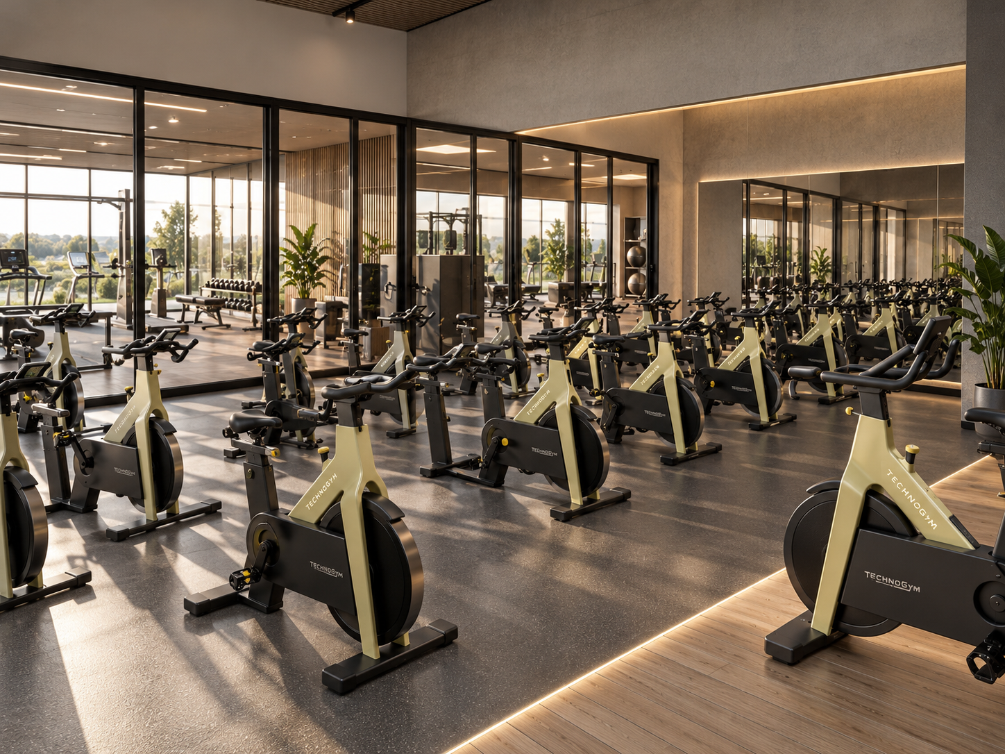 Leisure Barns, Lancashire — Spin Studio
Contemporary indoor cycling studio featuring dedicated spin bikes, mirrored walls, integrated lighting and expansive glazing overlooking the Lancashire countryside, within the planning-approved leisure developm