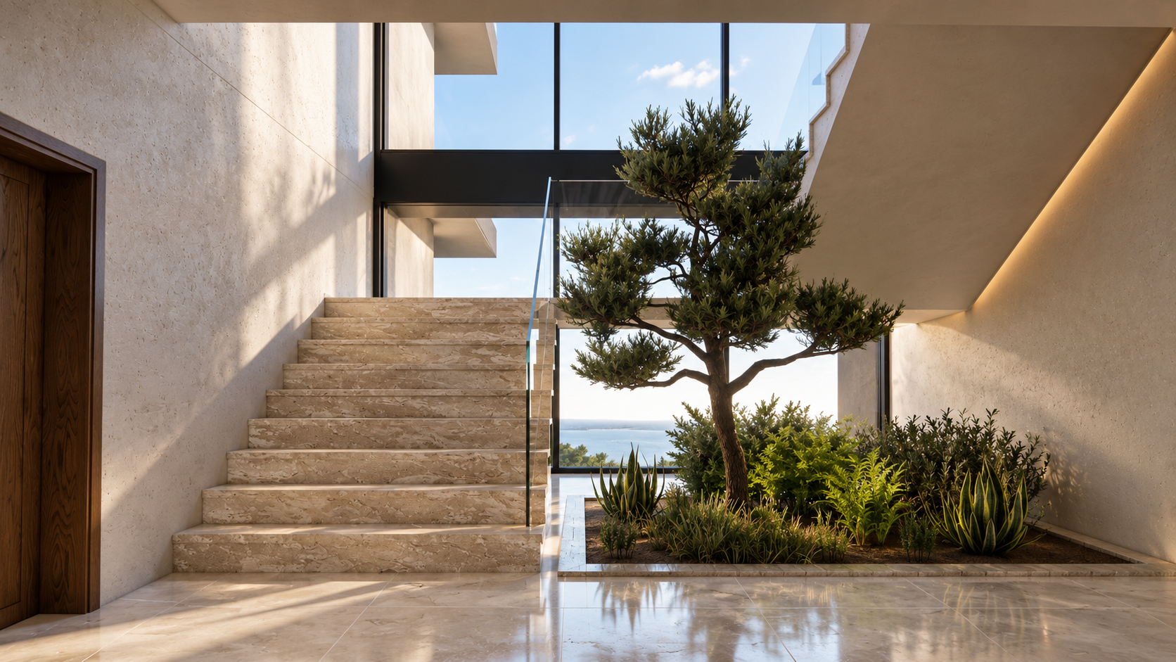 Contemporary staircase featuring natural stone steps, frameless glass balustrading and an internal landscaped garden with a sculptural tree, illuminated by full-height glazing.