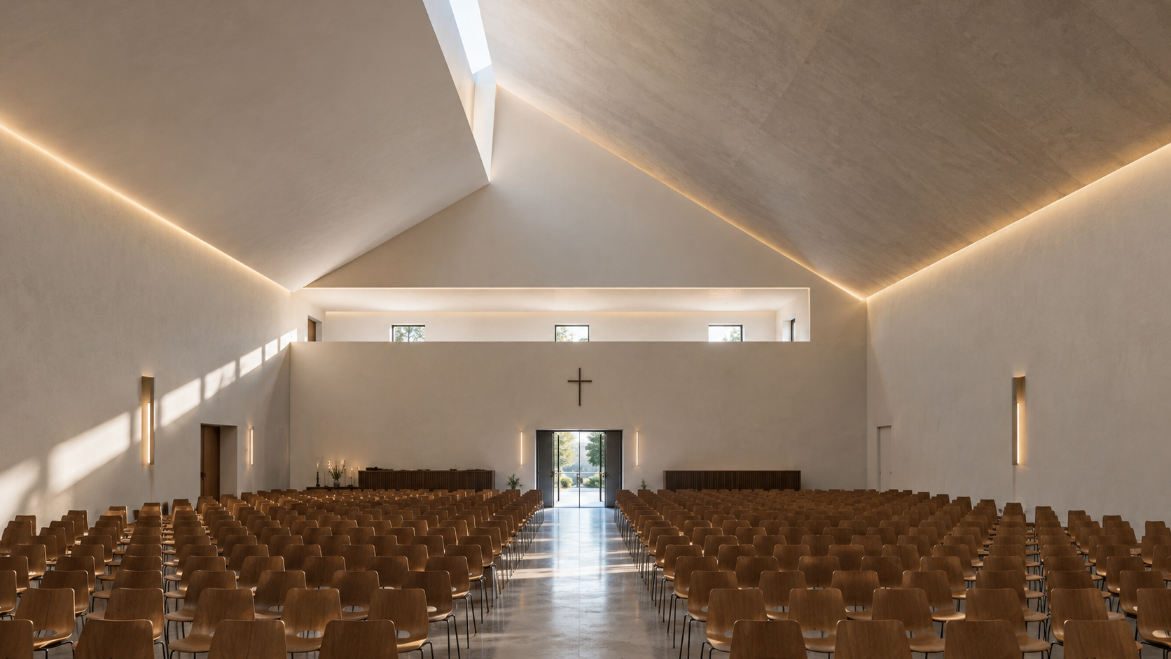 Contemporary church auditorium design featuring a dramatic vaulted ceiling, concealed architectural lighting, spacious congregational seating and a central aisle, creating a light-filled, modern place of worship.