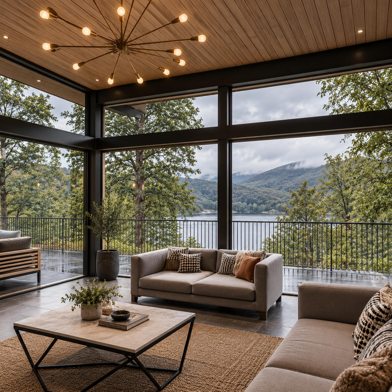 Lakeside Corporate Retreat, Windermere — Entrance Reception and Lounge — interior visualisation of the planning-approved corporate retreat, featuring a contemporary reception lounge with floor-to-ceiling glazing, natural timber ceilings and refined f