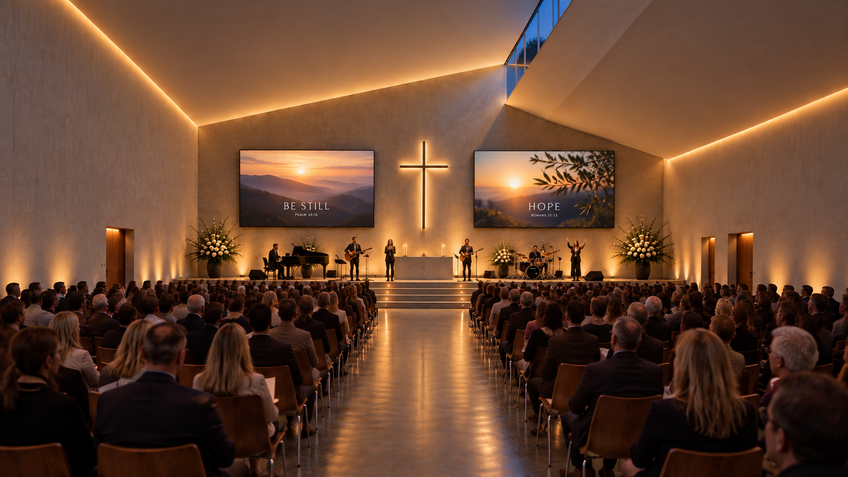 Light Church, Wesham, Lancashire — interior architectural visualisation of the proposed 500-seat Christian worship auditorium during a service. The contemporary design features a central stage, illuminated cross, large presentation screens, integrate