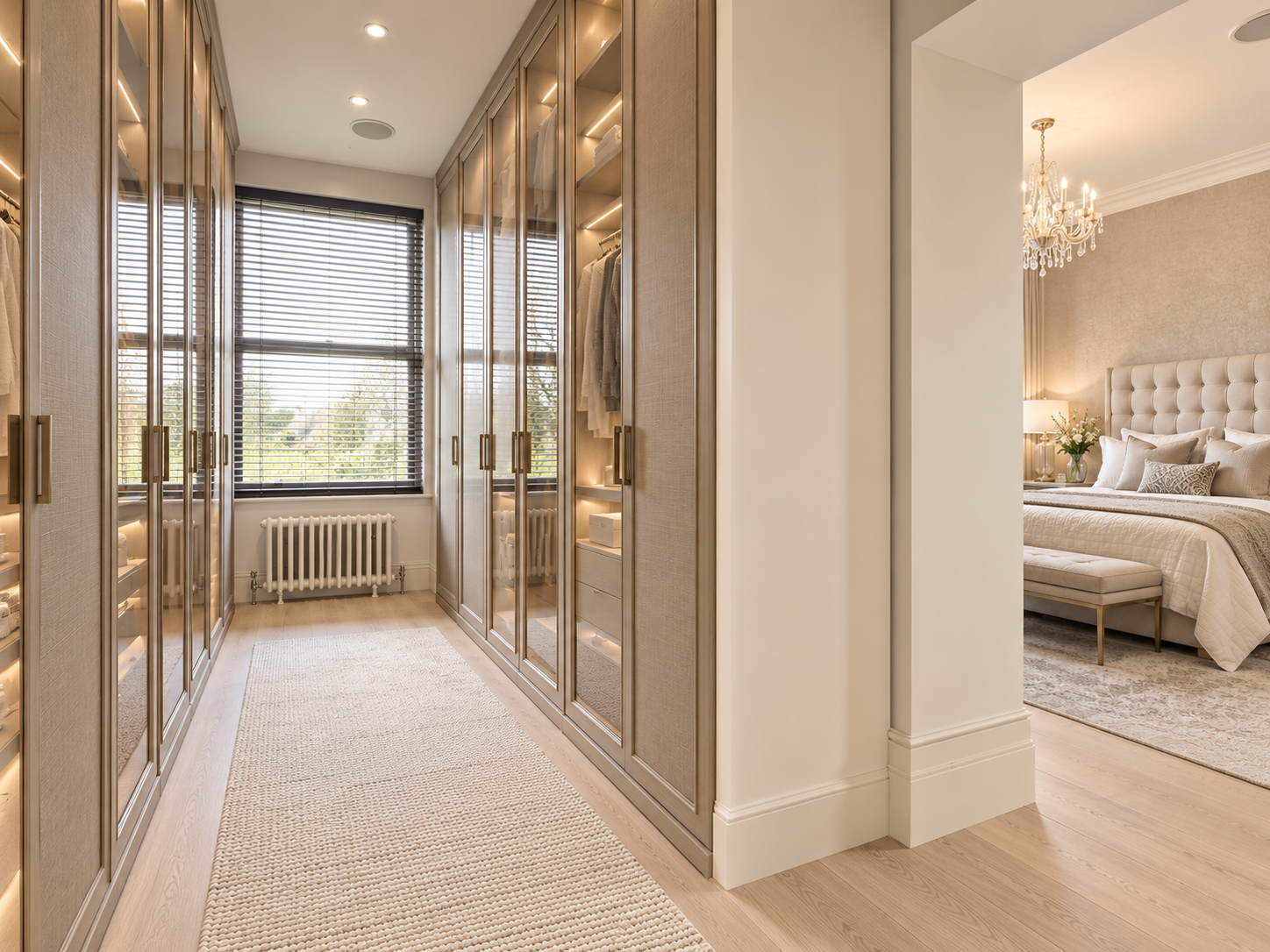 Dressing Room — Bespoke walk-in wardrobe with full-height fitted cabinetry, integrated lighting and elegant finishes.