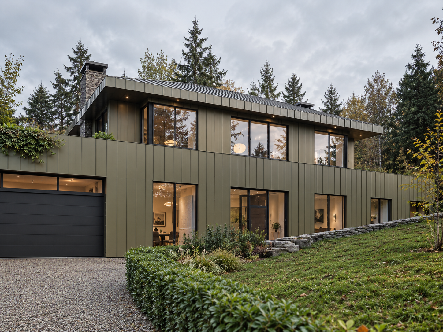 Keldwyth Drive, Windermere — contemporary eco home featuring green standing-seam zinc cladding, expansive glazing and a super-insulated design integrated into its sloping woodland setting.