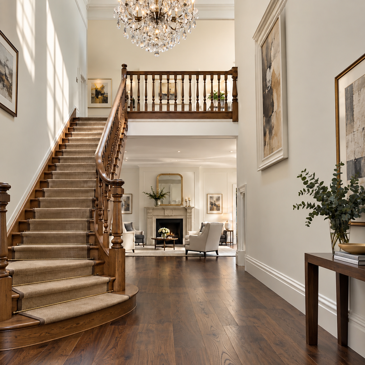 Applegarth — elegant double-height entrance hall and staircase within a luxury residential renovation by Chartered Architect Joel Firth. The interior features a traditional timber staircase, galleried landing, statement chandelier, natural wood floor