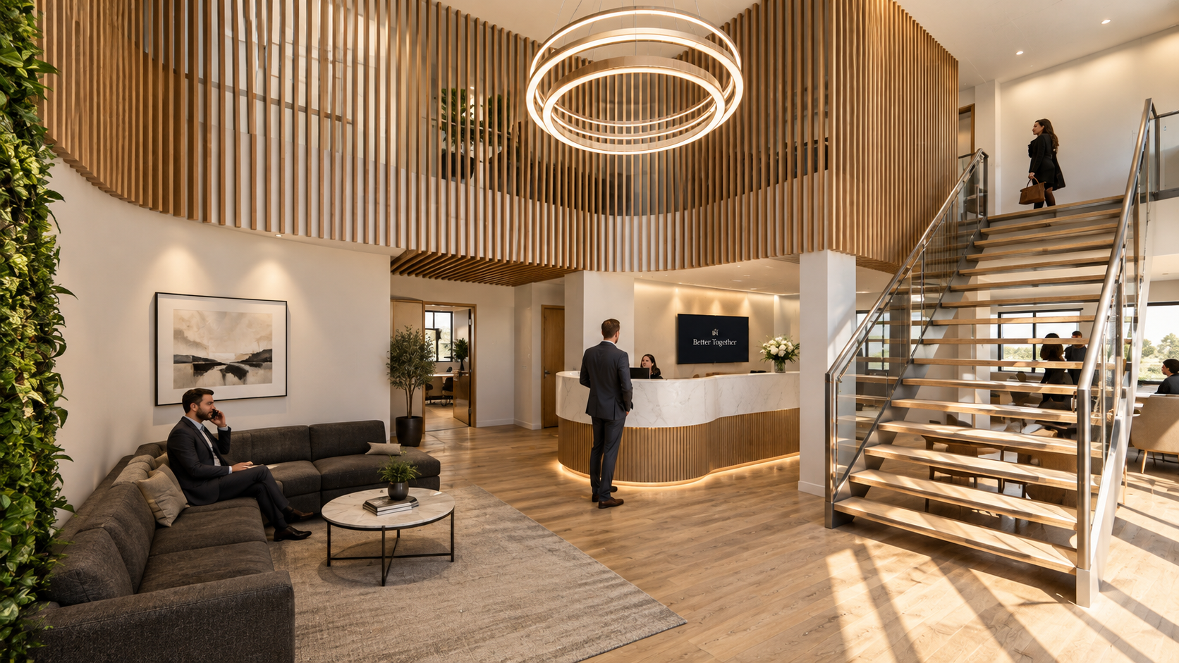 Squires Gate Business Park, Blackpool, Lancashire — contemporary refurbishment of a commercial office reception, featuring a sculptural timber-slat mezzanine, feature staircase, bespoke reception desk and architectural lighting. The design creates a 
