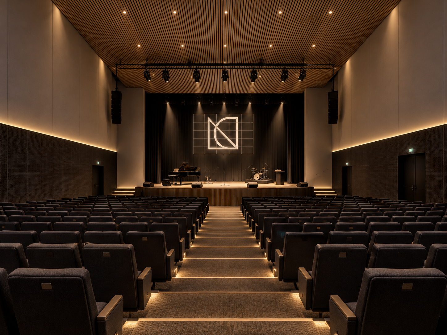 Light Church, Wesham, Lancashire — interior architectural visualisation of the proposed 150-seat secondary auditorium and performance space. The contemporary design incorporates tiered seating, a central aisle, stage lighting, acoustic wall treatment