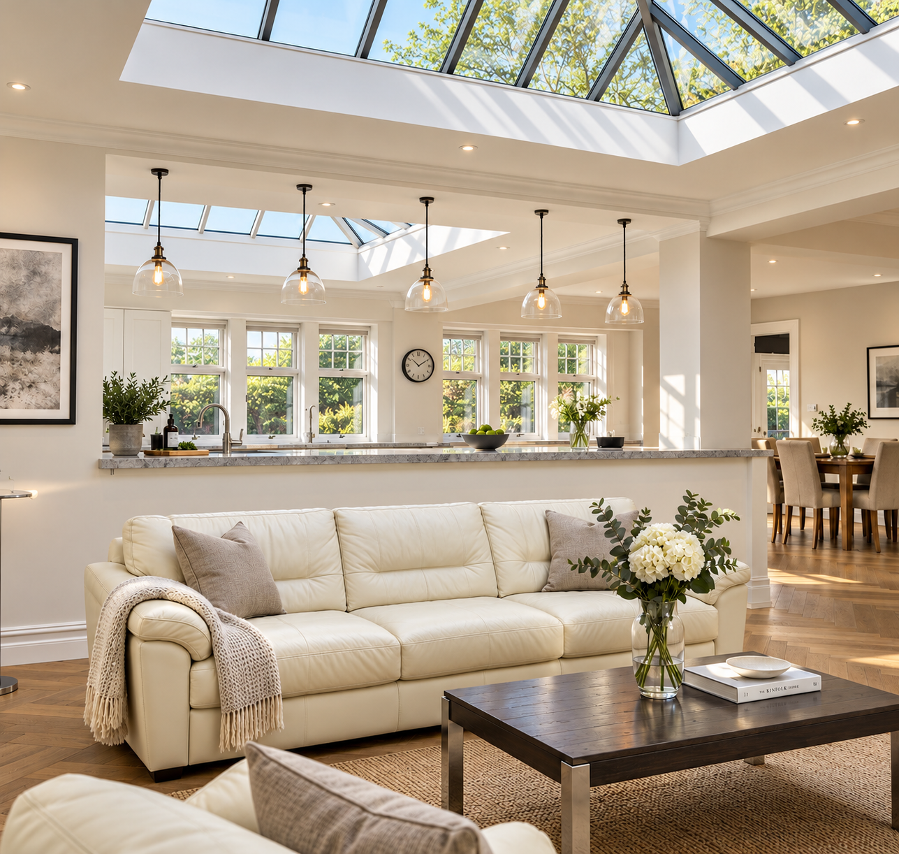 Applegarth — luxury open-plan living, kitchen and dining interior designed by Chartered Architect Joel Firth. The residential renovation and extension features a dramatic glazed roof lantern, generous natural light, bespoke kitchen, architectural pen