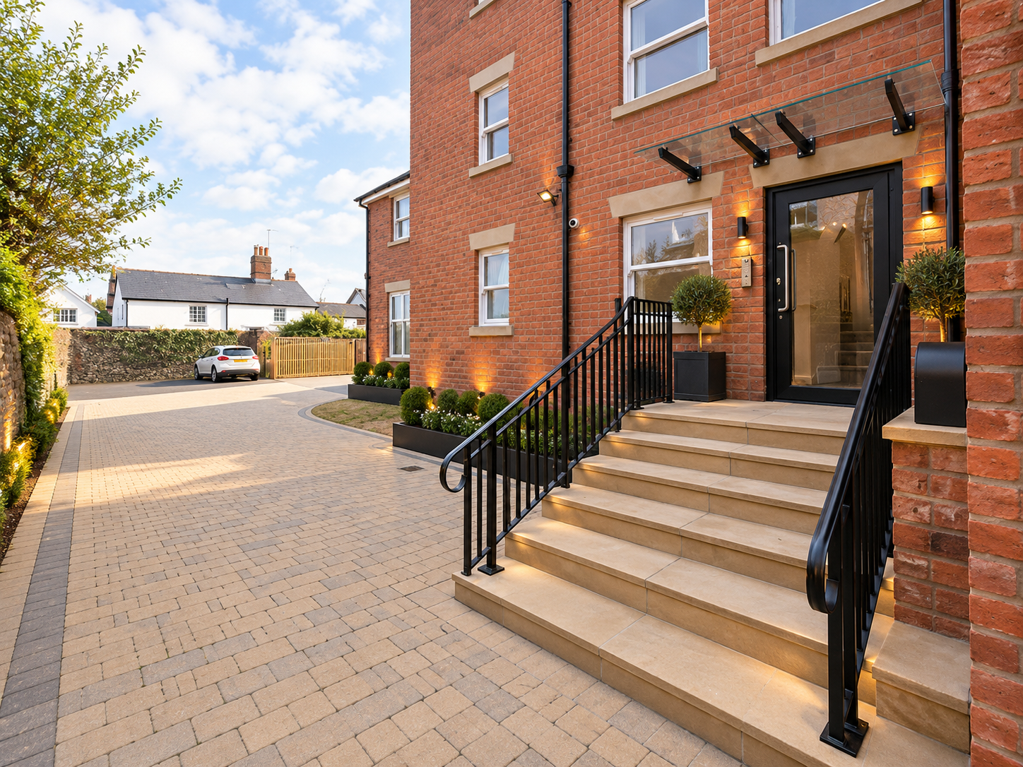 6 West Beach, Lytham, Lancashire — proposed main entrance to the luxury apartment development, featuring elegant stone entrance steps, traditional red-brick detailing and access to the communal lift and main staircase.