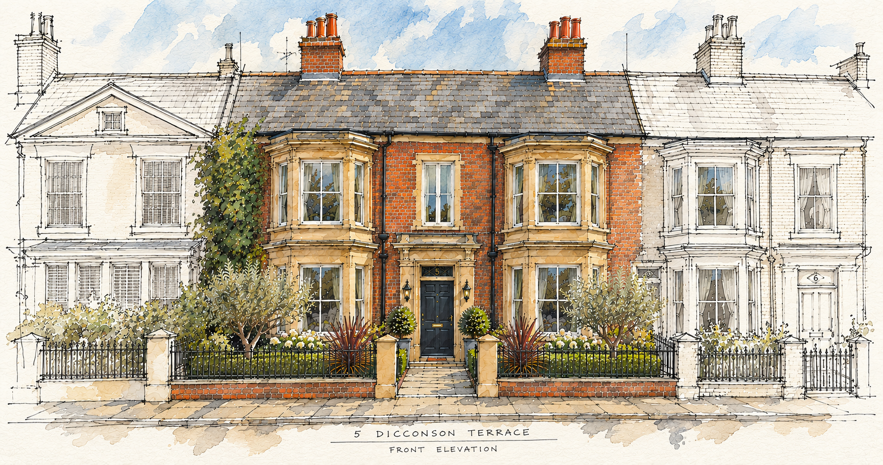 5 Dicconson Terrace, Lytham, Lancashire — Architectural Illustration — Illustration of the historic Victorian townhouse, highlighting its traditional red brickwork, elegant stone bay windows and landscaped frontage within the distinctive Dicconson Te