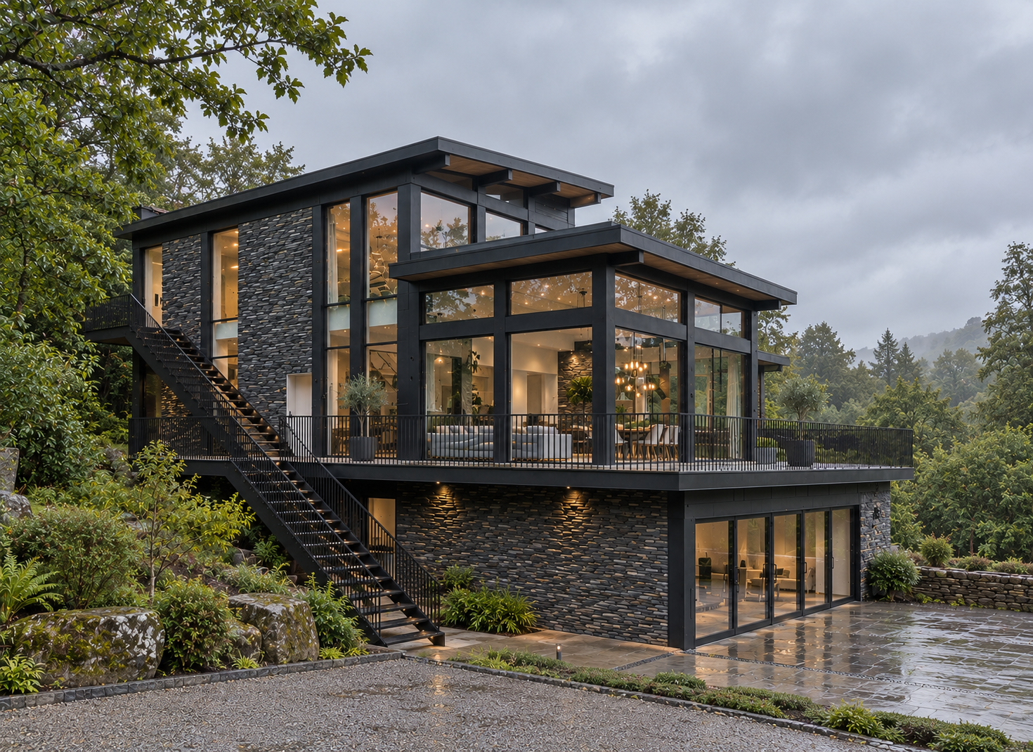 Lakeside Corporate Retreat, Windermere — Side Elevation and Terrace Design — architectural visualisation of the planning-approved contemporary retreat, featuring expansive floor-to-ceiling glazing, cantilevered terraces, natural stone cladding and a 