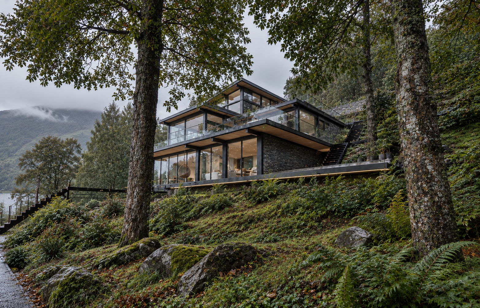 Lakeside Corporate Retreat, Windermere — View from Spa Pavilion Towards Main Building — architectural visualisation of the planning-approved main building viewed from the lower spa and wellness pavilion. The stepped contemporary design integrates nat