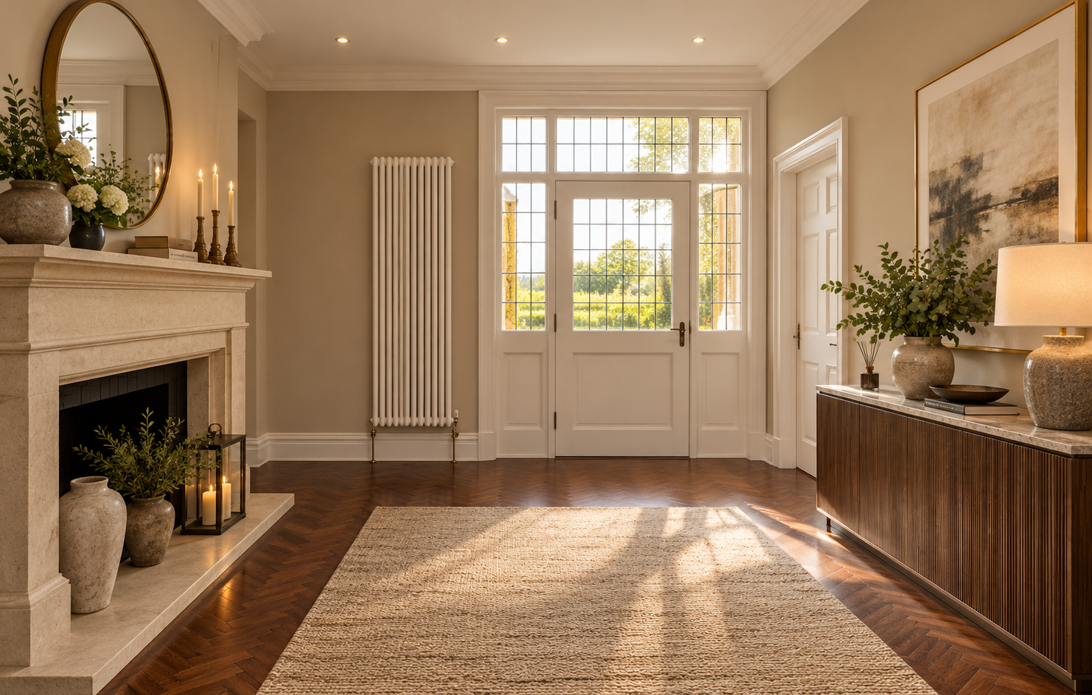 Entrance hall at 10 West Beach, Lytham, featuring an elegant fireplace, parquet flooring, bespoke cabinetry and traditional glazed entrance doors.