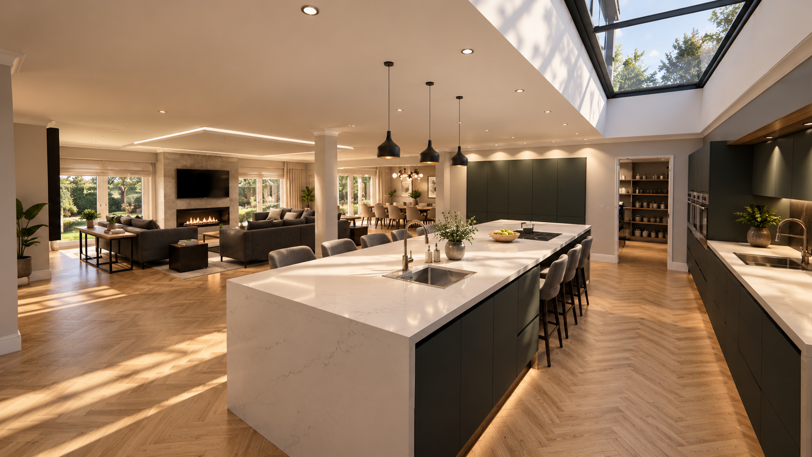 7 Church Drive, Lytham — contemporary open-plan kitchen and family living space featuring a bespoke central island, rooflights, modern cabinetry and warm architectural lighting.