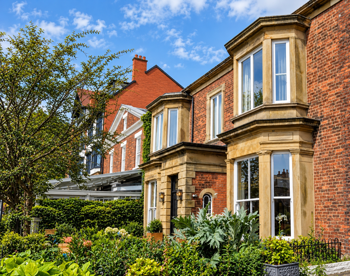 5 Dicconson Terrace, Lytham, Lancashire — Detailed view of the historic Victorian property, featuring traditional red brickwork, elegant stone bay windows and mature landscaped gardens, preserving its distinctive architectural character.