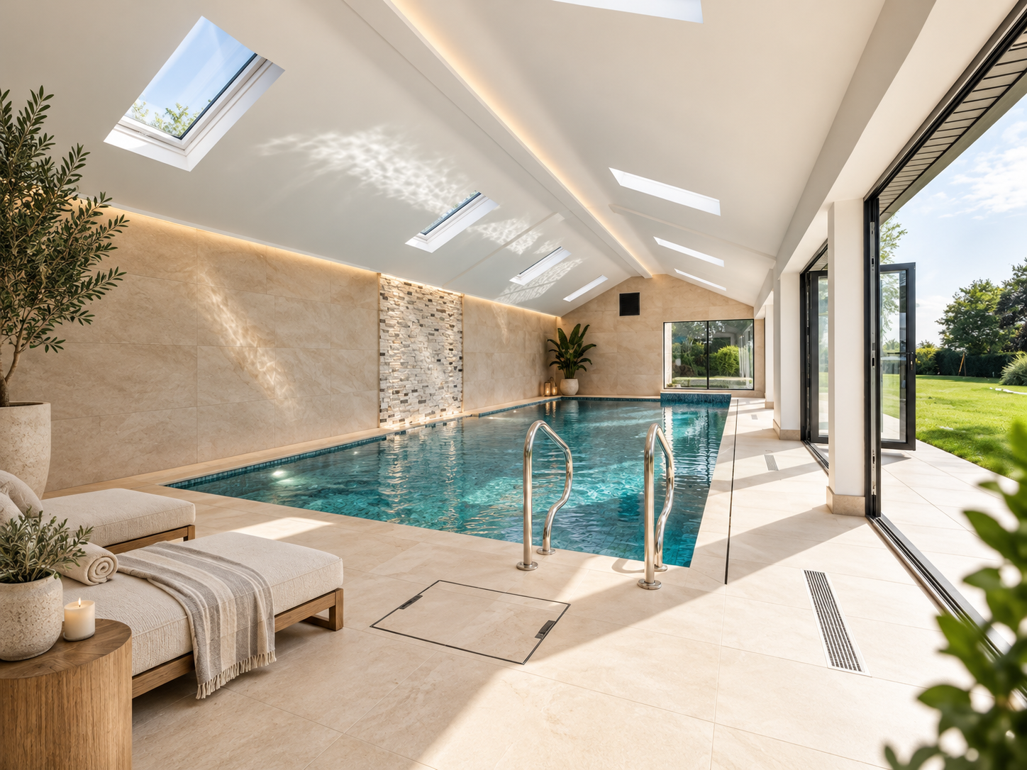Indoor Swimming Pool — Luxury private swimming pool with vaulted ceiling, rooflights, natural stone finishes and direct garden access.