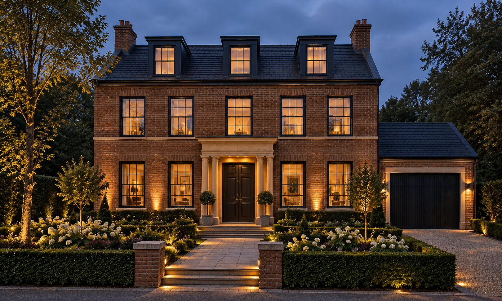 Silver Birches, Islay Road, Lytham, Lancashire — luxury new-build residence featuring elegant Georgian-inspired architecture, a symmetrical brick façade, classical entrance portico and beautifully landscaped gardens with architectural lighting at dus