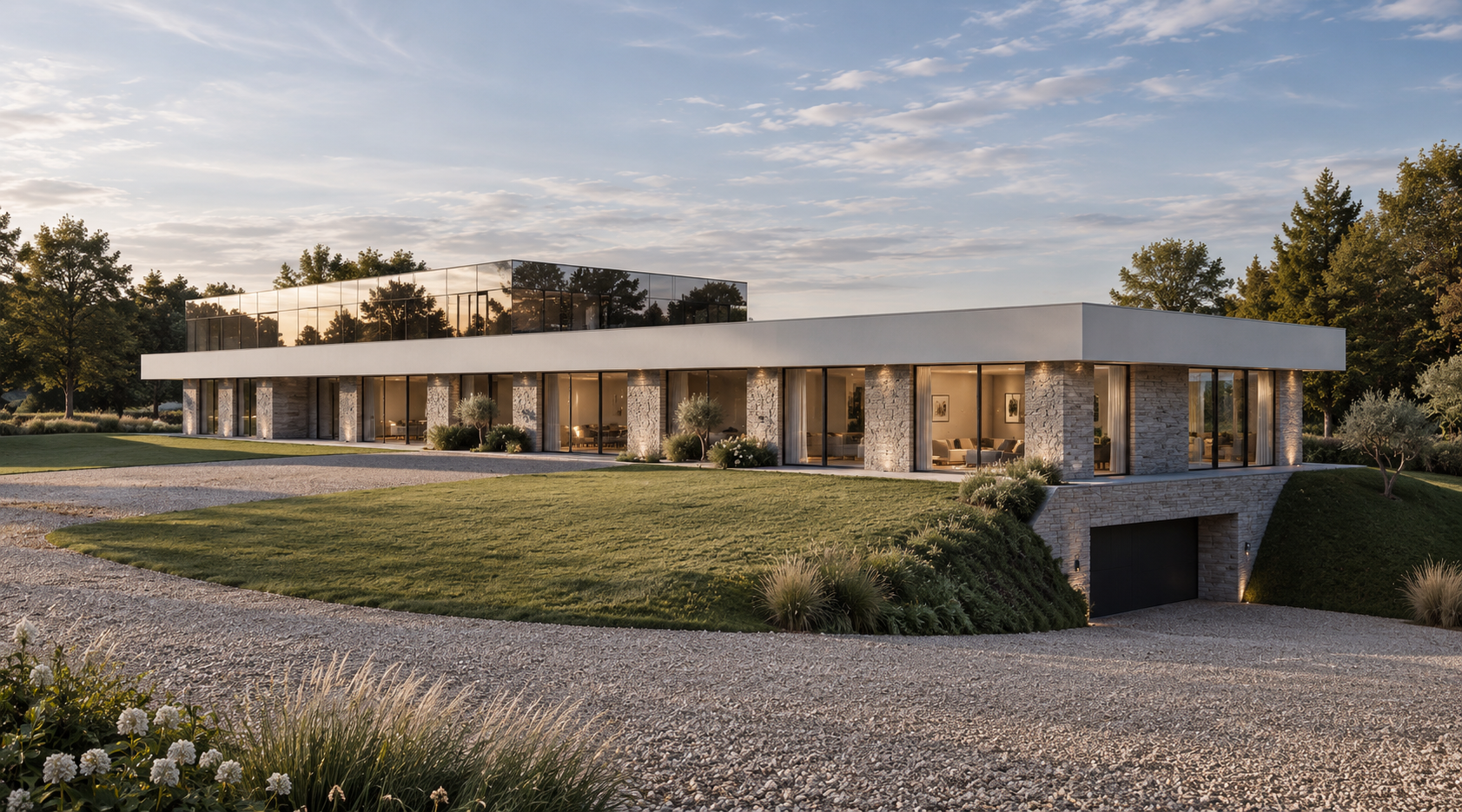 Contemporary new-build home in Lancashire, designed by Chartered Architect and Designer Joel Firth. The low-profile residence combines extensive glazing with a reflective mirrored façade, landscaped grounds and an integrated underground car park.