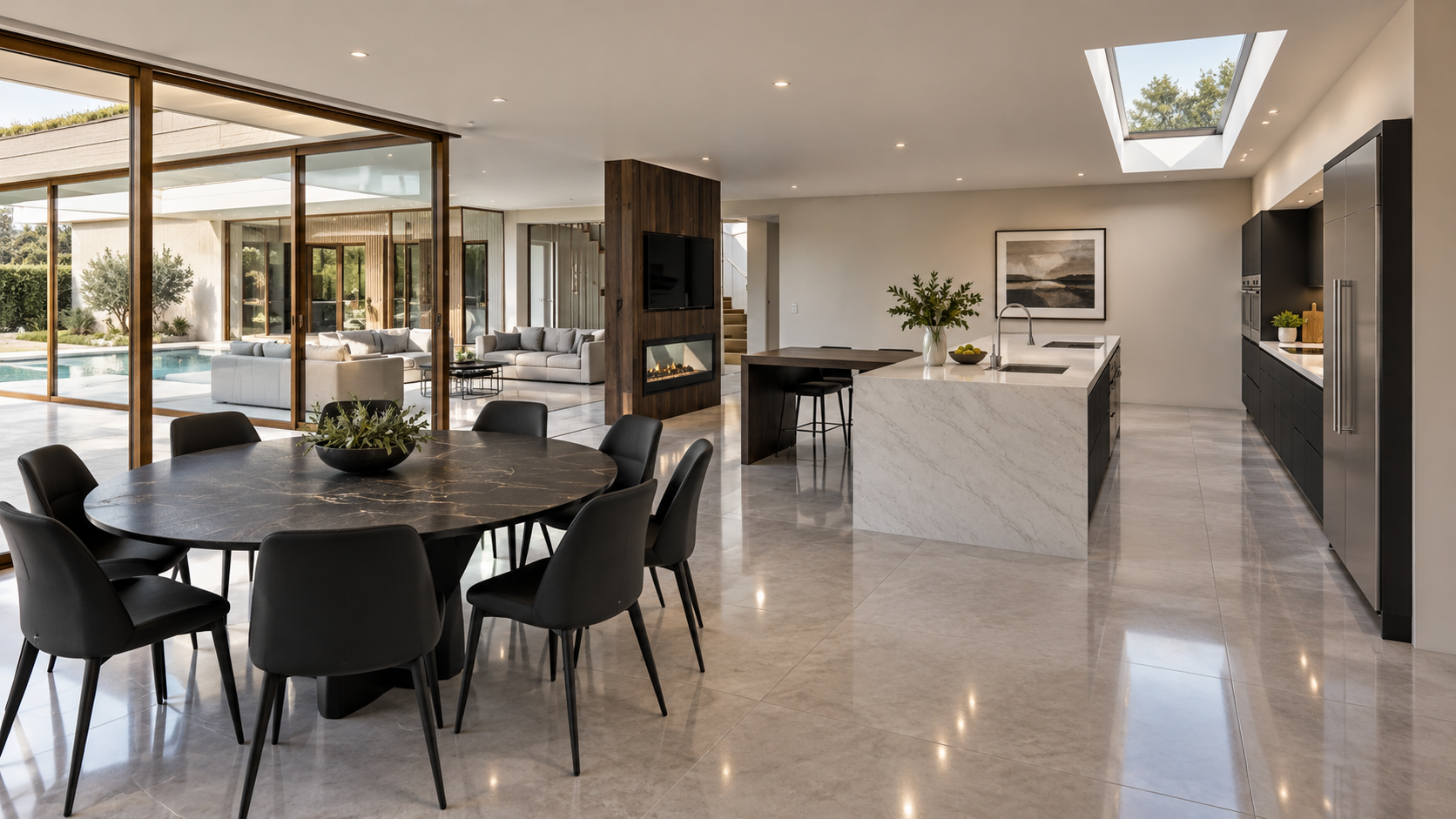Contemporary open-plan kitchen and dining area featuring a marble island, rooflight, integrated fireplace and expansive glazing connecting the interior with the landscaped garden.