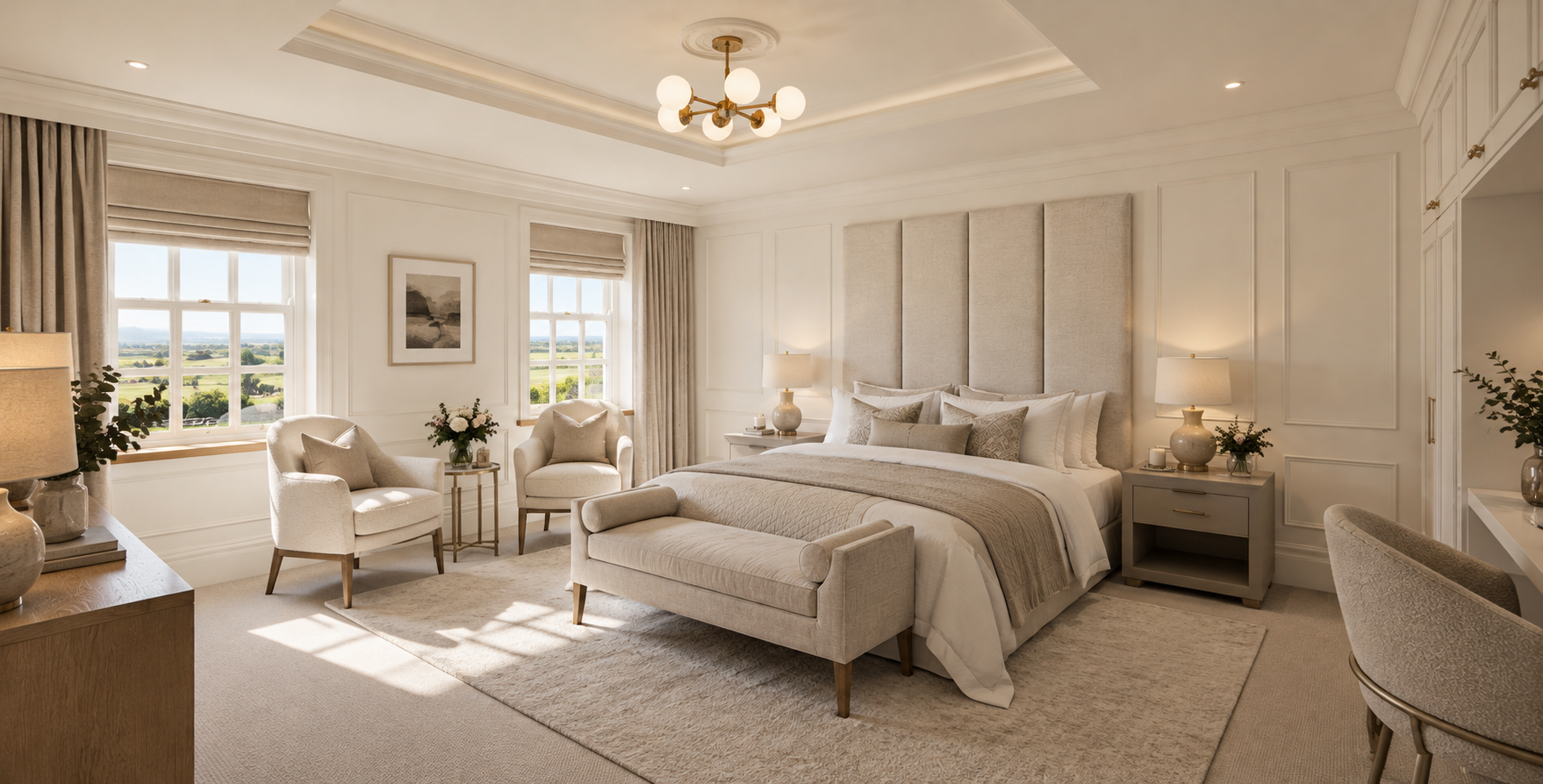 Silver Birches, Islay Road, Lytham — luxury principal bedroom featuring bespoke upholstered headboard, traditional wall panelling, elegant furnishings and soft natural lighting.