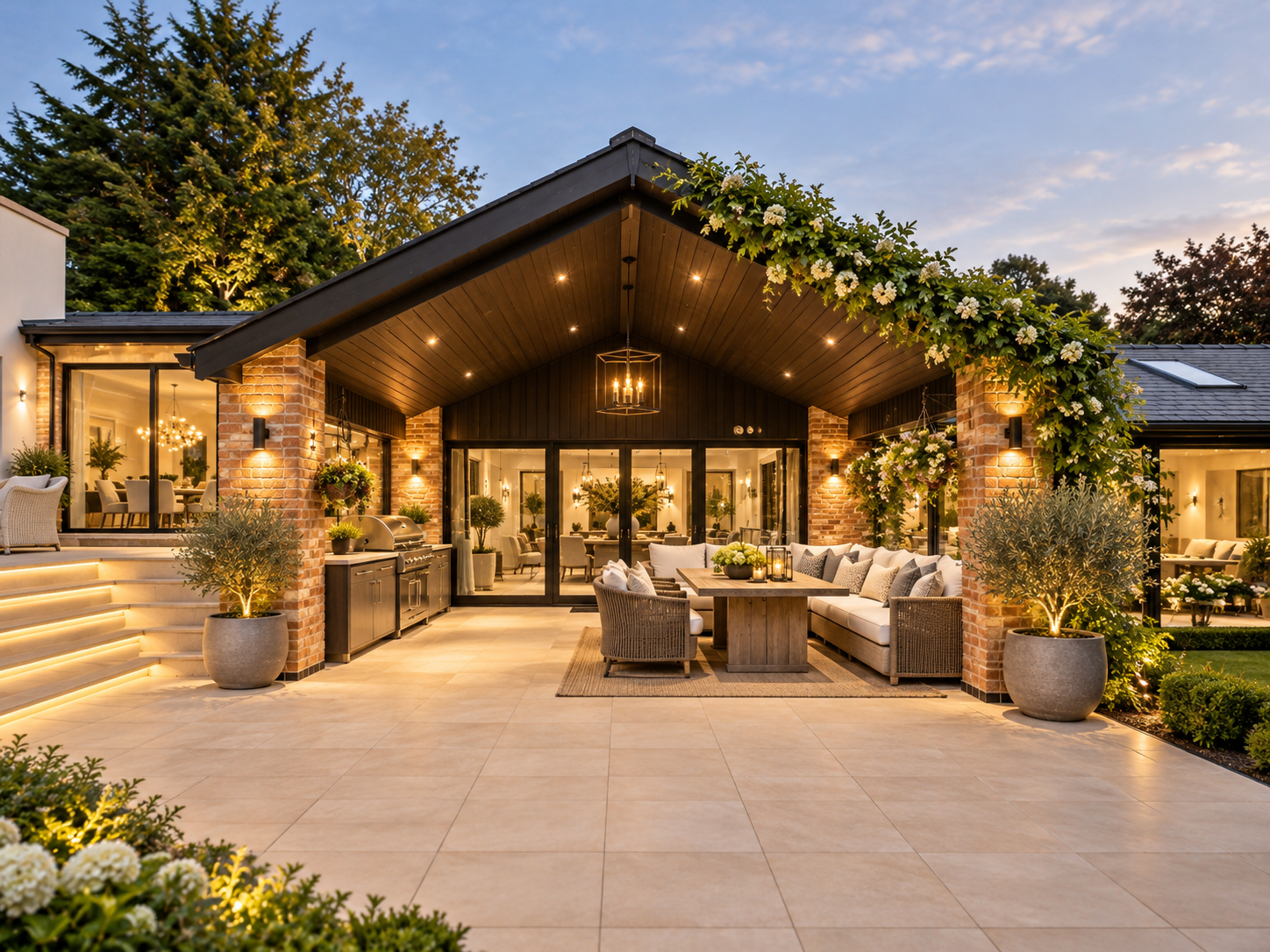 Outdoor Entertaining — Covered garden pavilion with vaulted timber ceiling, outdoor dining and comfortable seating.