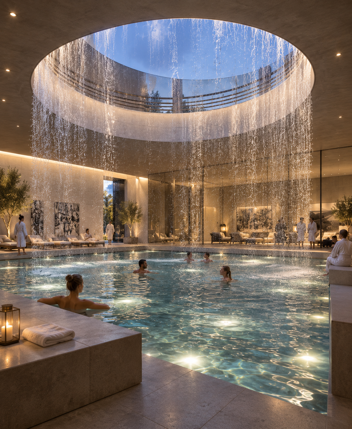 Interior concept for the spa and wellness centre within the circa £30 million Lancashire hotel and leisure development, designed by Chartered Architect Joel Firth. A dramatic circular roof opening creates a cascading waterfall into the central spa po