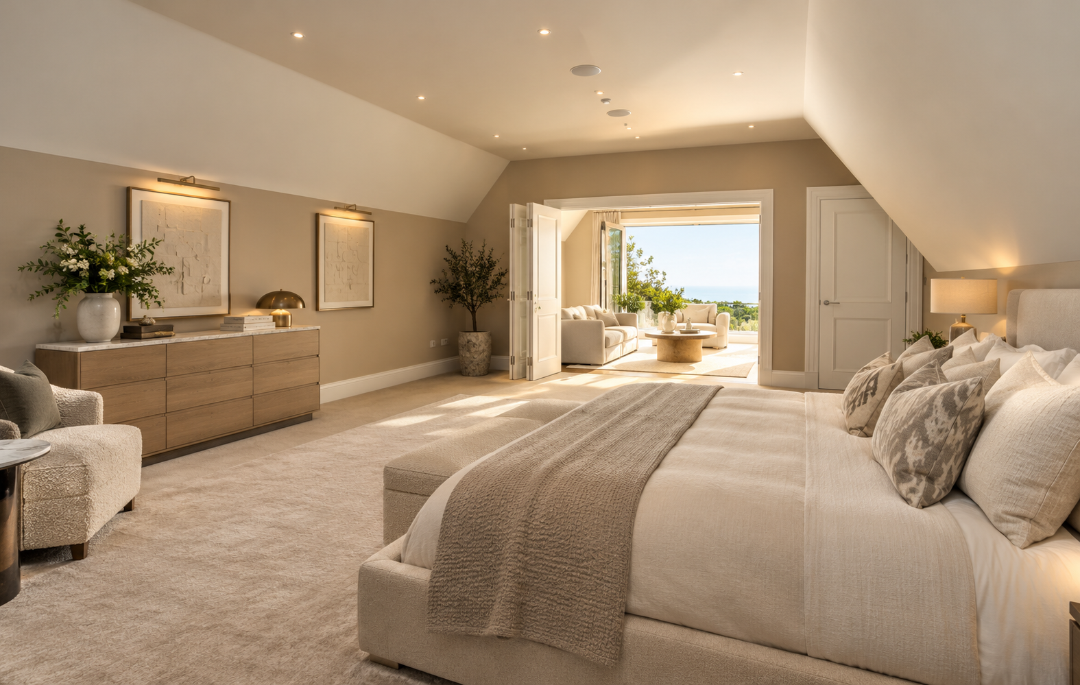 Spacious second-floor principal bedroom at 10 West Beach, Lytham, featuring bespoke fitted furniture, luxurious interior finishes and glazed doors opening onto a private roof terrace.